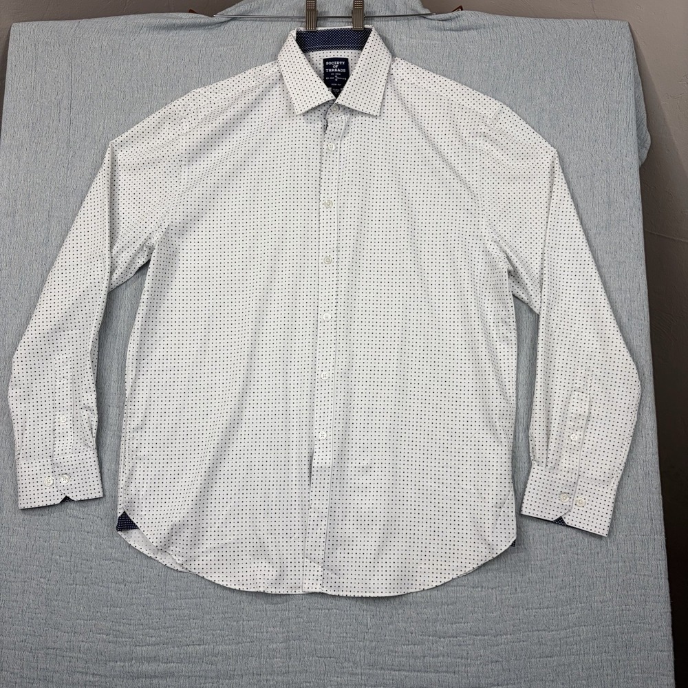 Society of Threads Men's L Slim Fit Dress Shirt Whit‎ Polka Dot Stretch No Iron